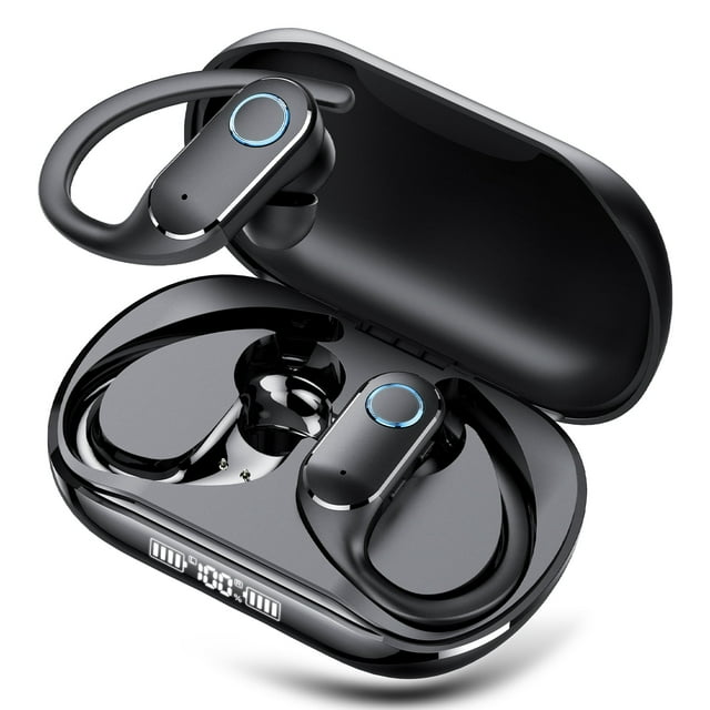 Bluetooth Headphones 5.4, Over-Ear Headphones Built-in 4 ENC Mics, 25Hrs Playtime Wireless Earbuds, Bass Boost 85%, IPX7 Waterproof Ear Buds with Earhook for Exercise Running Sports Black