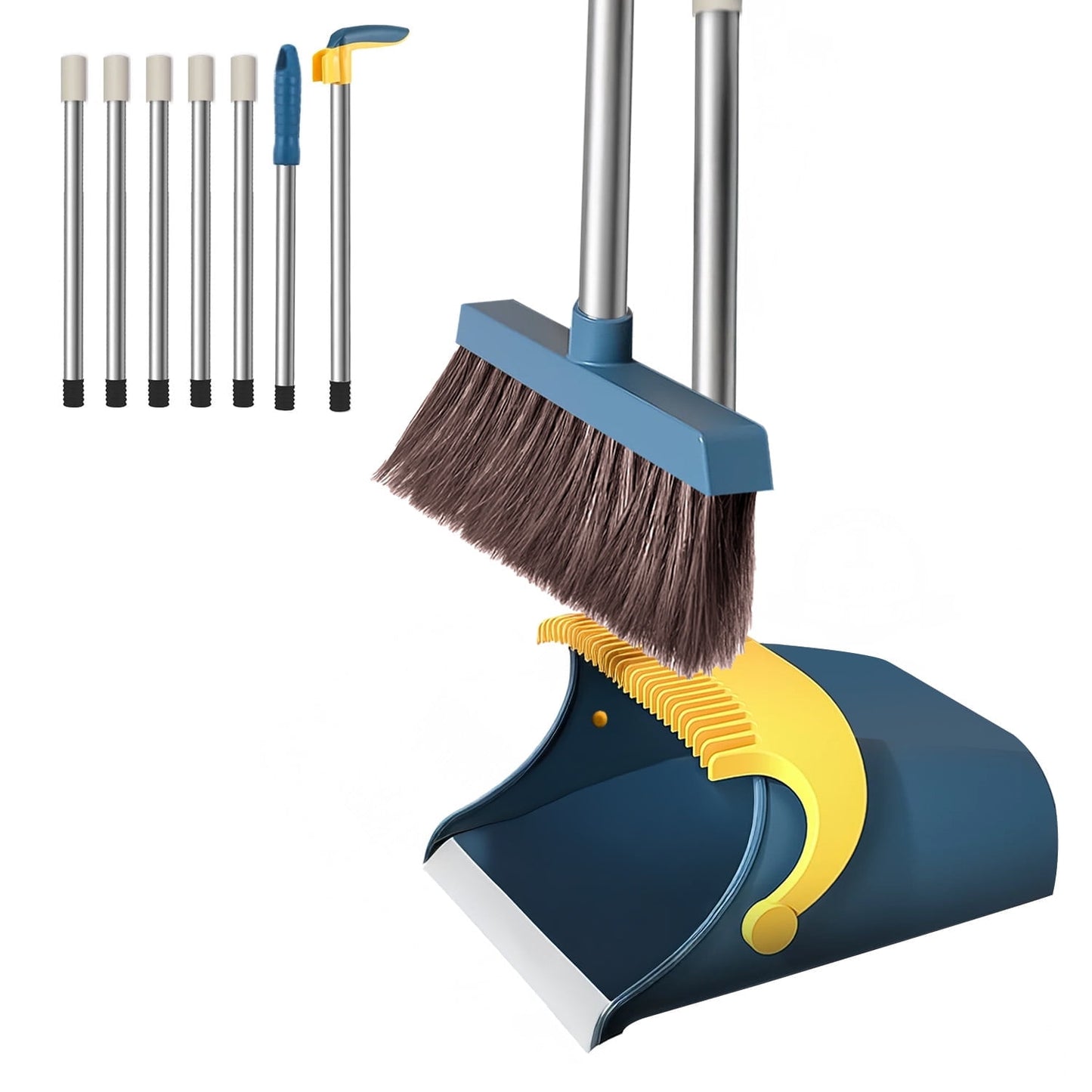 Broom and Dustpan Set, 51.2" Stand Upright Broom Sets with Dustpan Teeth for Indoor Outdoor Home Office Kitchen Pet Hair (Blue&Yellow)