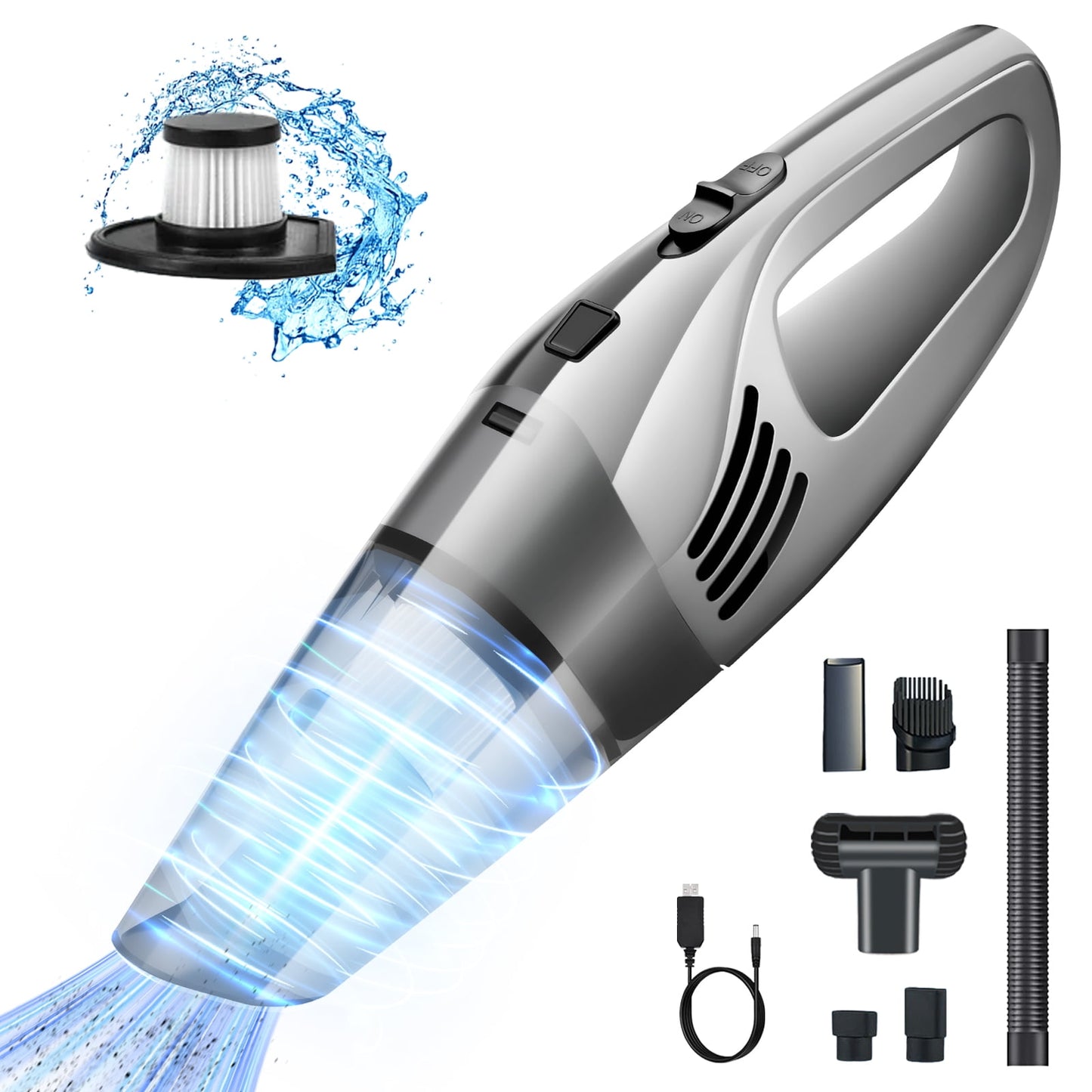 Cordless Handheld Vacuum, Portable Car Vacuum Cleaner, 8KPA Powerful Suction for Car and Pet Hair, Gray