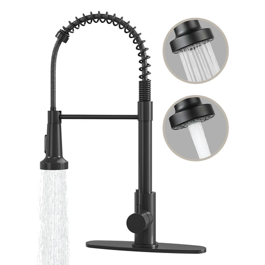 DTIG Kitchen Faucet, With Pull-out Sprayer, Made of Brushed Nickel, Suitable for Single-hole or Three-hole Sinks, Dual-function Kitchen Faucet With Deck Plate and Water Pipes, Black