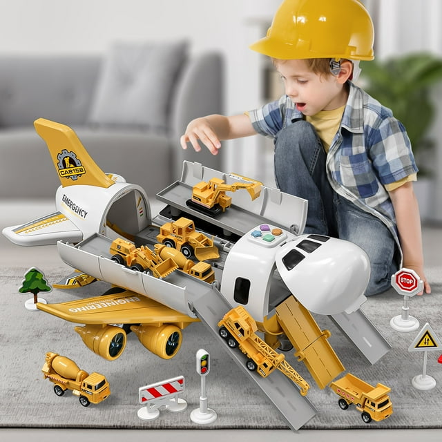 Dinosaur Planet Storage Transport Plane Cargo with 5 Free Wheel Diecast Construction Vehicles, Kids Toy with Lights & Sounds for 3+ Years Old Boys and Girls Gift