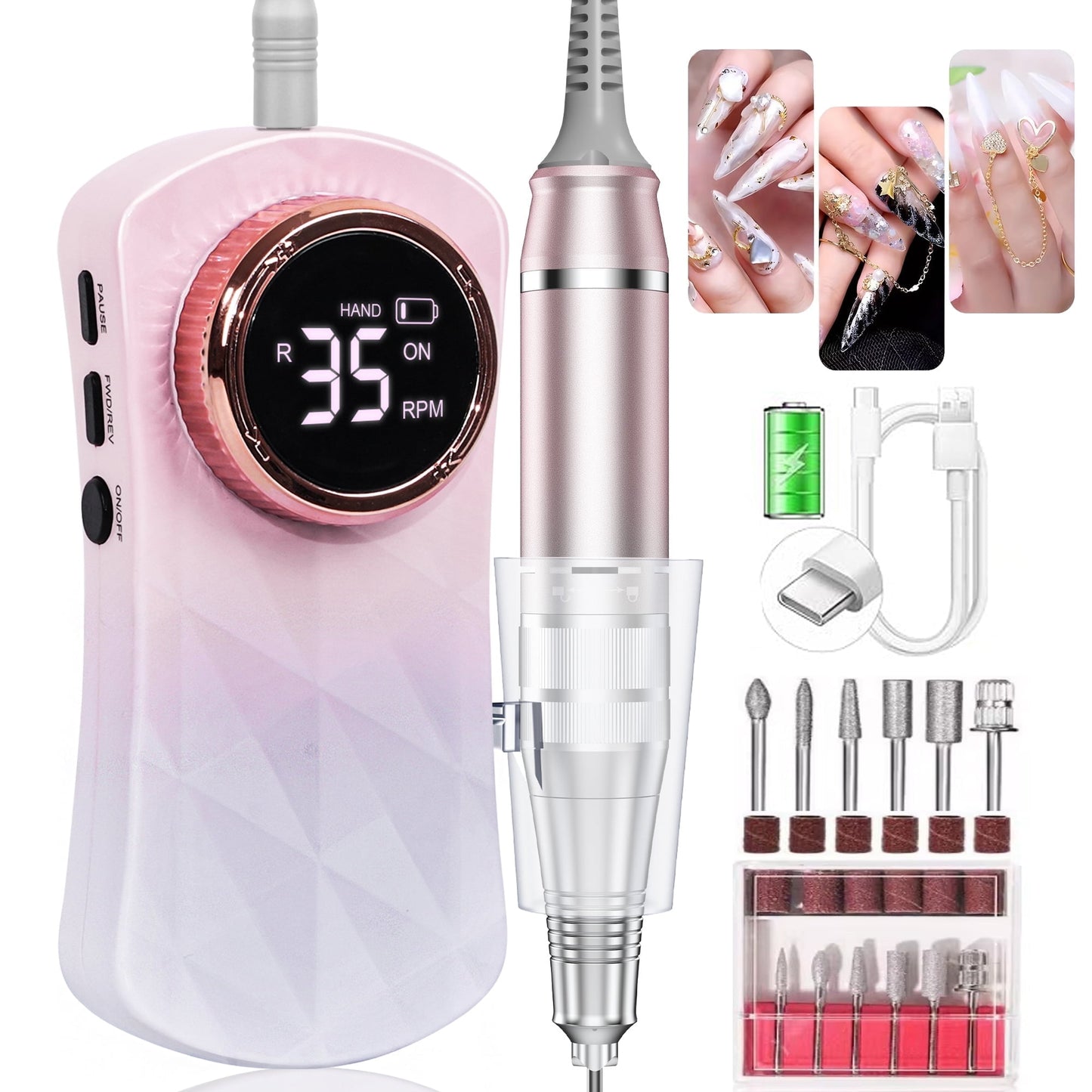 FETERVIC Electric Nail Drill Machine, 35000RPM Nail File Kit for Acrylic Gel Nails Polish Rechargeable Portable Manicure Pedicure Kit for Women Manicure Salon, Pink