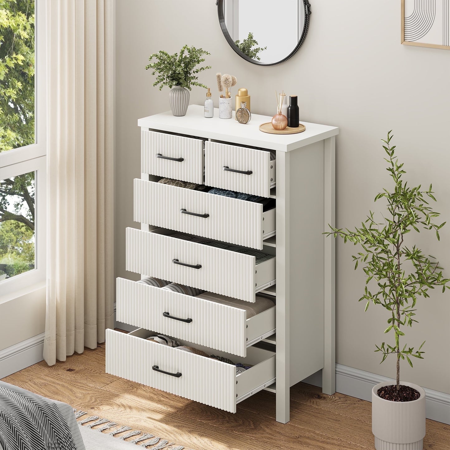 Nifamembo Modern Fluted 6 Drawer Dresser with Solid Wood Legs for Bedroom, Entryway