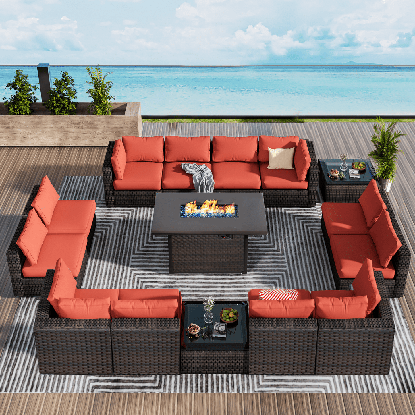 Gaildon 15 Pieces Patio Furniture Set with Fire Pit Table, All Weather Outdoor Sectional PE Rattan, Patio Conversation Sets Cushions & Black-glass Coffee Table for Garden Lawn Balcony Porch Deck,Red