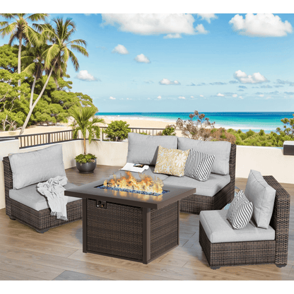 Gaildon 5 Piece Patio Furniture Set with Fire Pit Table, All Weather Outdoor Sectional PE Rattan, Patio Conversation Sets with Cushions for Garden Lawn Balcony Porch Deck, Grey