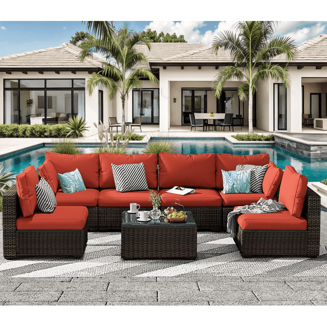 Gaildon 7 Patio Outdoor Furniture Wicker Sectional Sofa Couch Lawn Sectional Black Glass Table, Red