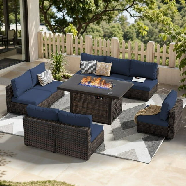 Gaildon 9 Piece Patio Furniture Set with Fire Pit Table, All Weather Outdoor Sectional PE Rattan, Patio Conversation Sets with Cushions and Glass Coffee Table for Garden Lawn Balcony Porch Deck