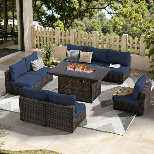 Gaildon 9 Piece Patio Furniture Set with Fire Pit Table, All Weather Outdoor Sectional PE Rattan, Patio Conversation Sets with Cushions and Glass Coffee Table for Garden Lawn Balcony Porch Deck