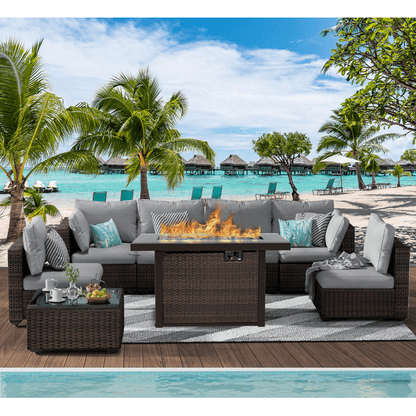 Gaildon 8 Piece Patio Furniture Set with Fire Pit Table, All Weather Outdoor Sectional PE Rattan, Patio Conversation Sets with Cushions and Glass Coffee Table for Garden Lawn Balcony Porch Deck