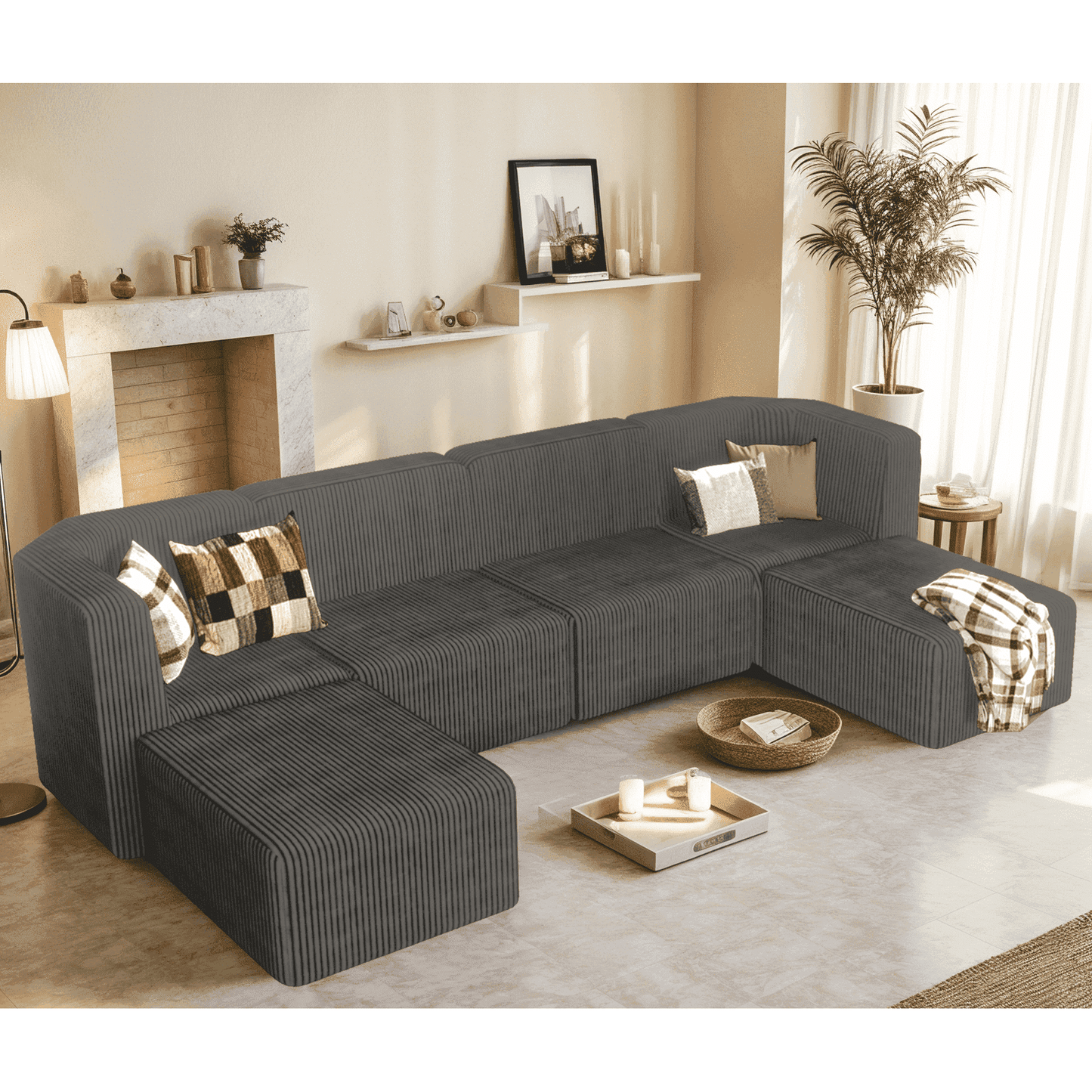 Gaildon Corduroy Sponge Sofa Lounge Chair Fluffy Modern Sleeper Chair With Removable Footrest for Indoor Living Room and Bedroom No Assembly Needed, Grey