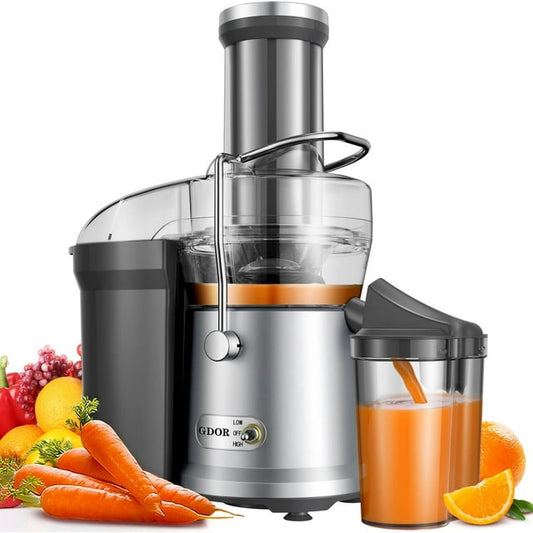 GDOR 1200W Juicer with Larger 3.2" Feed Chute, Titanium Enhanced Cutting System, Centrifugal Juice Extractor Maker with Heavy Duty Full Copper Motor, Dual Speeds, BPA-Free, Silver