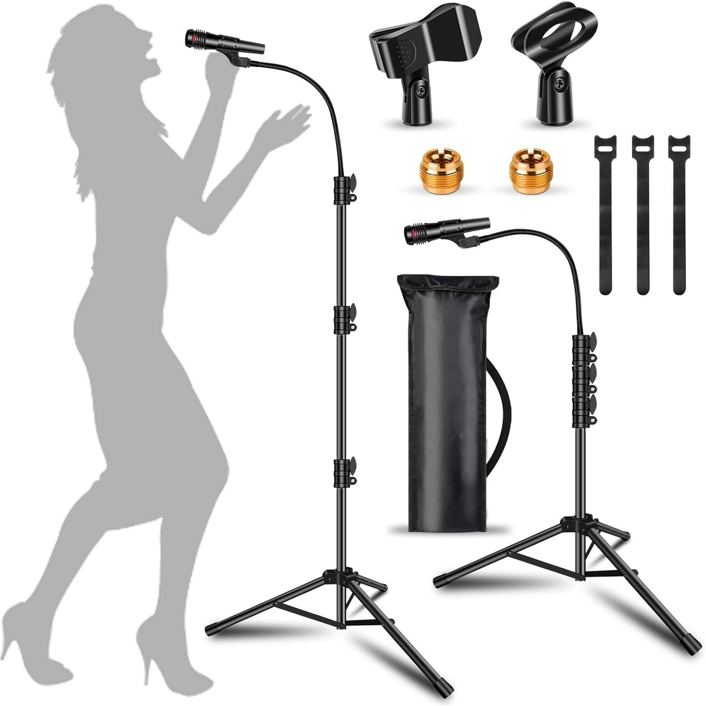 Genreen Tripod Mic Stand Adjustable Universal Floor Standing Detachable Mike Stand with Mic Clips,Karaoke Mic Holder for Singing for Adults Kids(Black)