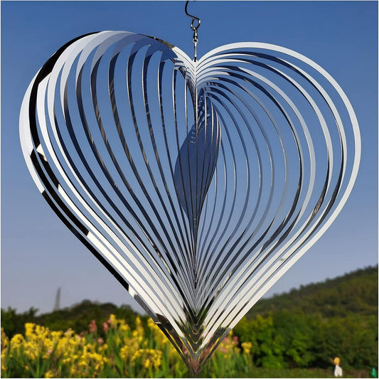 Genreen Wind Spinner Outdoor Metal Decorations,Silver Heart Wind Spinners for Yard and Garden,Stainless Steel Wind Chimes for Outside Decor,Birthday Gifts for Mom,Mother's Day,Aunt Gifts