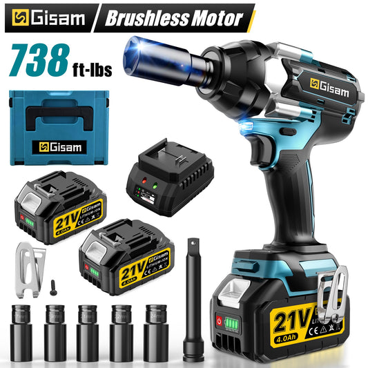 Gisam 1000N.m(738 ft-lbs) Cordless Brushless Impact Wrench,1/2 inch Impact Gun with 2x4.0Ah Batteries & 6 Sockets Accessories ,Pistola De Impacto for Home Car Tire