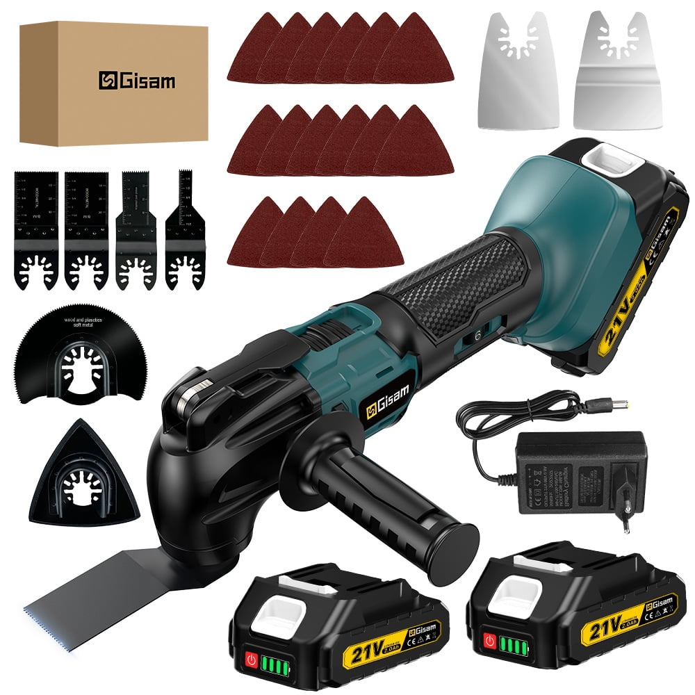 Gisam 21V Max Cordless Oscillating Multi-Tool with Brushless Motor, 2 x 2.0Ah Battery, Auxiliary Handle, 23pcs Accessories