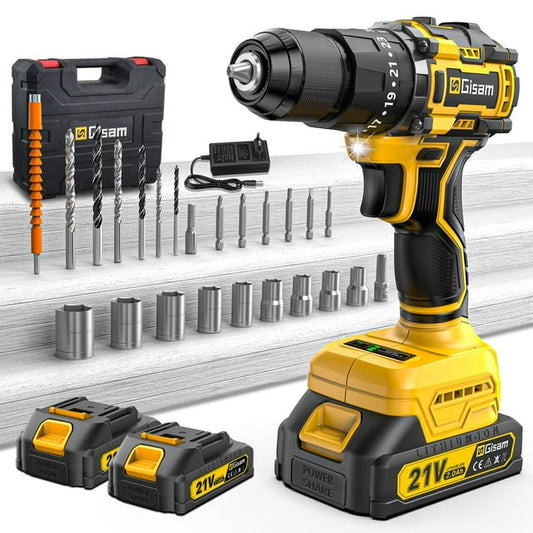 Gisam 3/8” Brushless Drill/Driver Kit,21V 55Nm Max 23+3 Torque 2 Speed Cordless Hammer Drill with 2x2.0Ah Battery ,24 Accessories