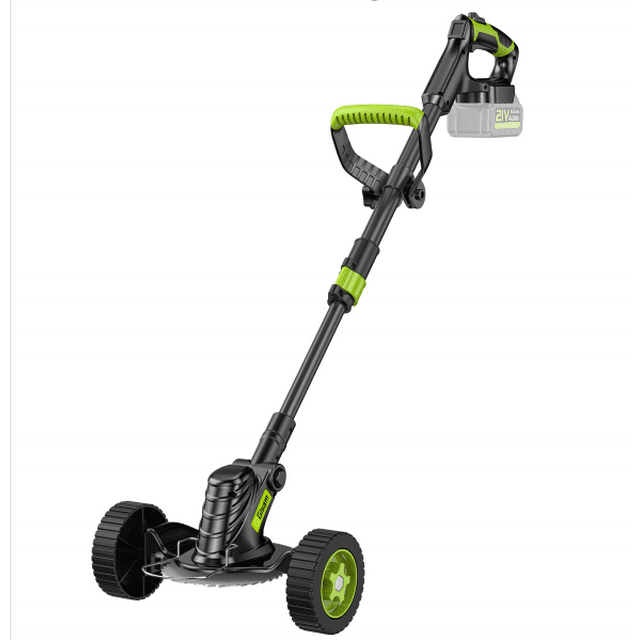 Gisam Cordless Grass Trimmer, Battery Operated Weed Wacker with Wheels , Brushless Motor ,2 *2.0Ah Battery & 8 Cutting Blade