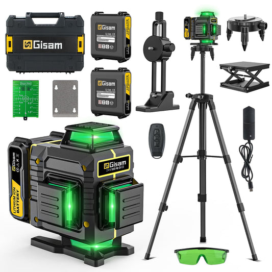 Gisam Laser Level Self-Leveling with tripod , 4x360° Green Cross Line 4D Laser Tool with Remote Control & 2* 4800mAh Battery