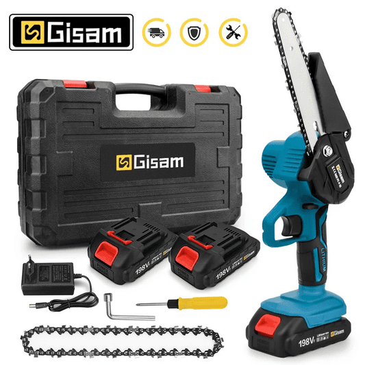 Gisam Upgraded Mini Chainsaw 6 Inch with Brushless Motor, 2 x 2.0Ah Batteries, 3 Chains , Battery Powered Handheld Chain Saw for Tree Trimming Wood Cutting