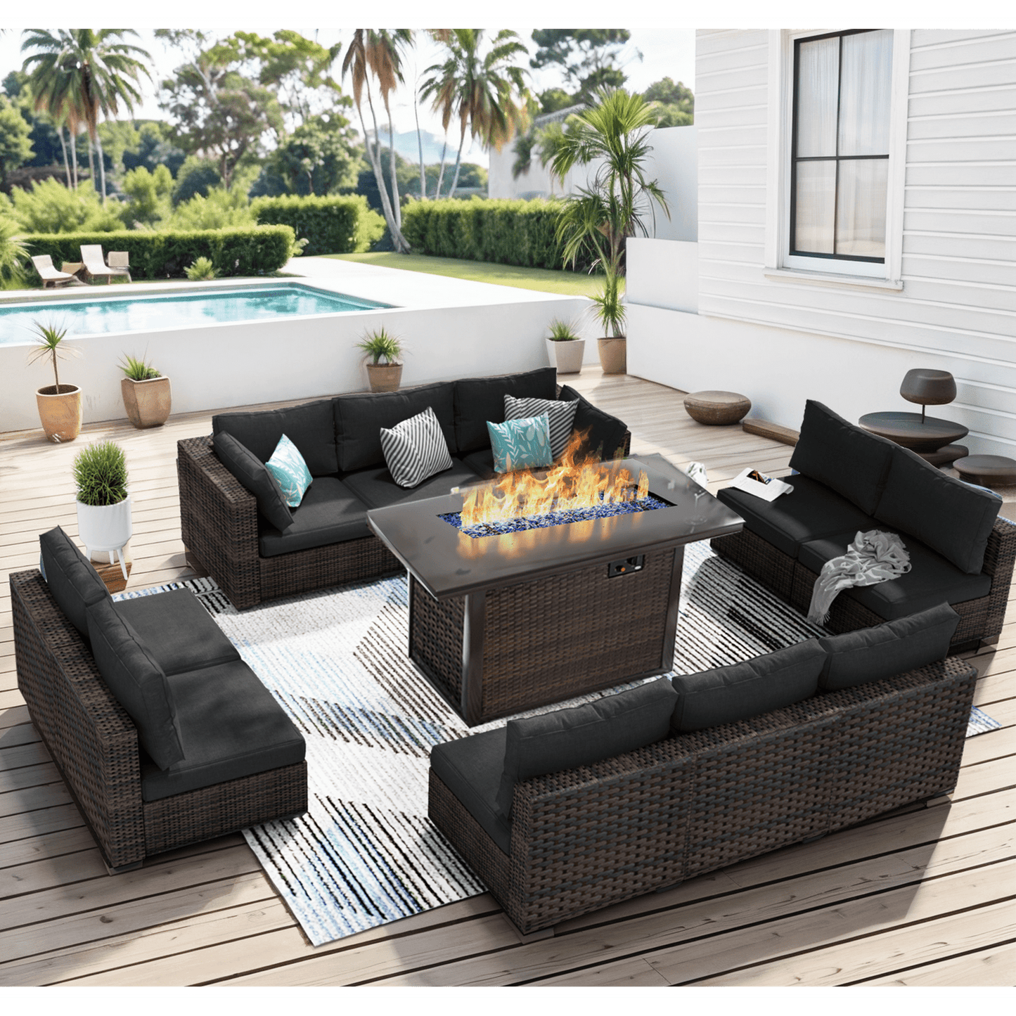 Grezone 11 PCS Outdoor Patio Furniture Set with Fire Pit Table, Wicker Patio Conversation Set, Black