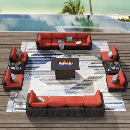 Grezone 15 Pieces Patio Furniture Set with Fire Pit Table, All Weather Outdoor Sectional PE Rattan, Patio Conversation Sets Cushions & Black-glass Coffee Table for Garden Lawn Balcony Porch Deck, Red