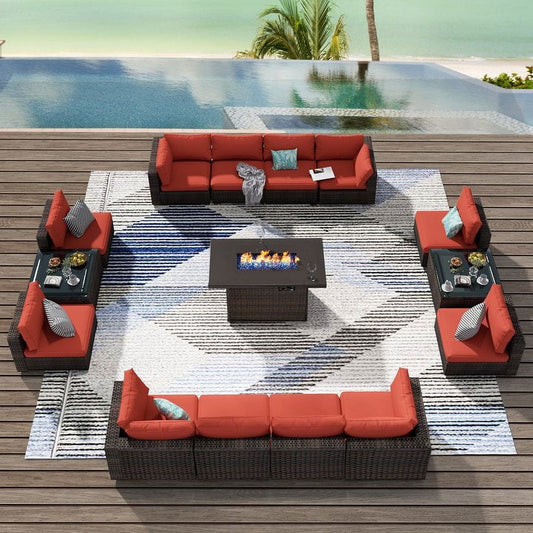 Grezone 15 Pieces Patio Furniture Set with Fire Pit Table, All Weather Outdoor Sectional PE Rattan, Patio Conversation Sets Cushions & Black-glass Coffee Table for Garden Lawn Balcony Porch Deck, Red