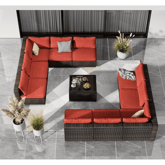 Grezone 11 Pieces Outdoor Sectional Patio Furniture Set, PE Rattan Outdoor Furniture Patio Conversation Set with Cushions and Glass Coffee Table for Porch Balcony Lawn and Garden, Red