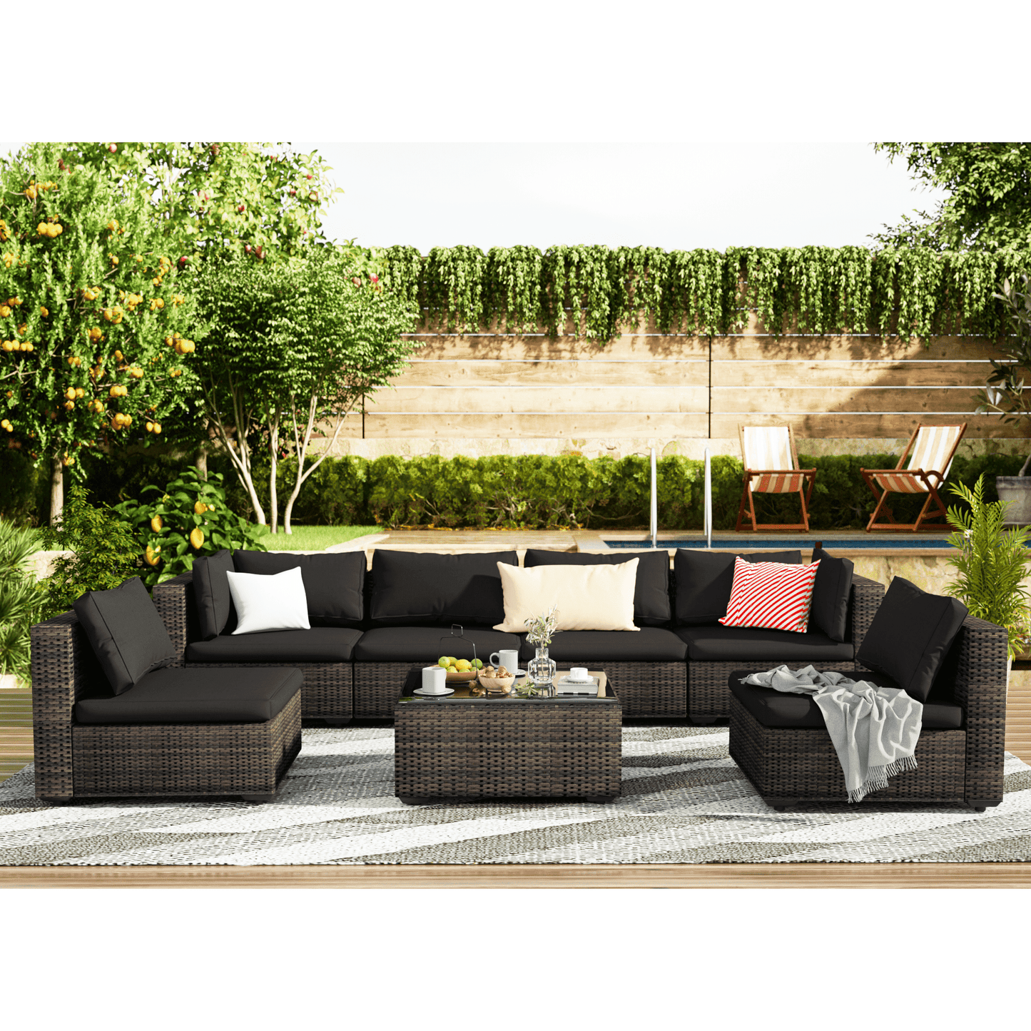 Grezone 7 Patio Outdoor Furniture Wicker Sectional Sofa Couch Lawn Sectional, Black