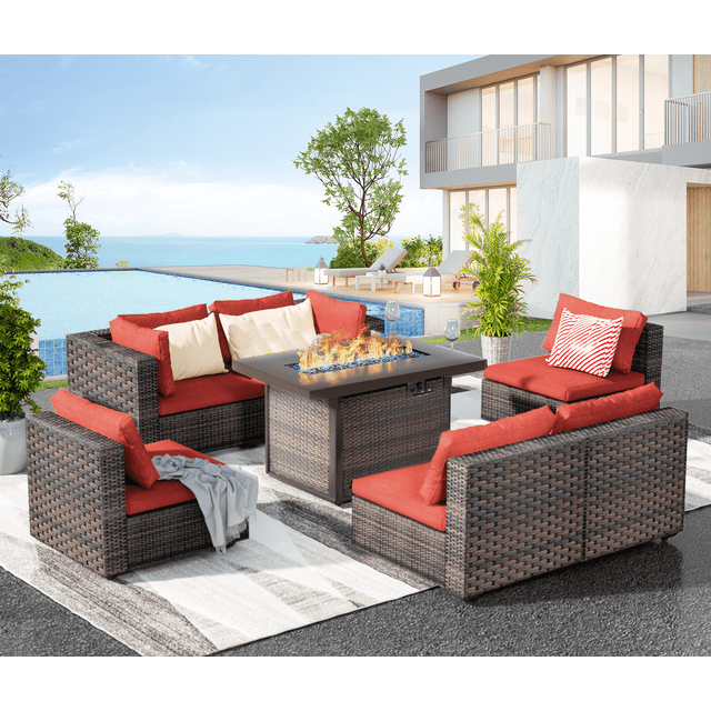 Grezone 7 Pieces Patio Outdoor Furniture Sets All Weather Wicker Sectional Sofa Couch Lawn Sectional Furniture with 43" 55000BTU Gas Propane Fire Pit Table (Red)