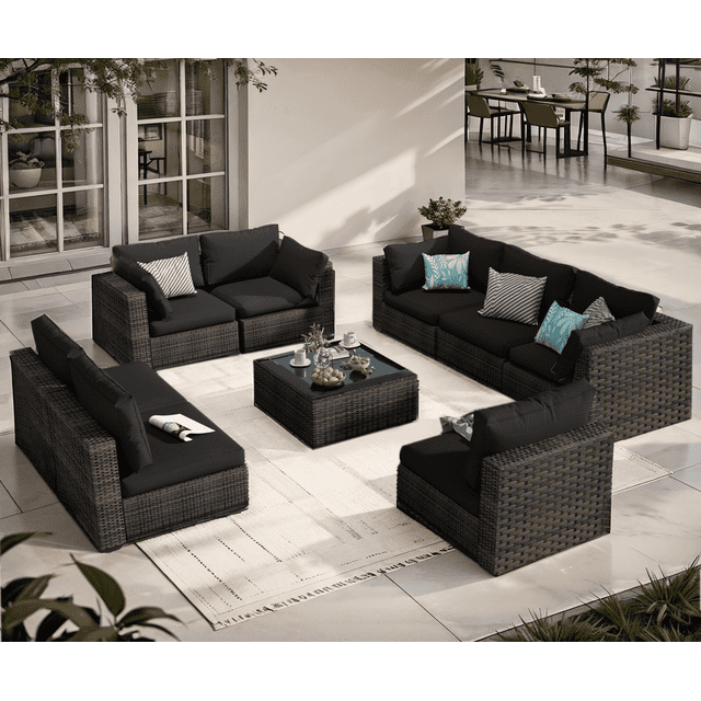 Grezone 9 Pieces Outdoor Patio Furniture, PE Wicker Rattan Sectional Sofa Patio Conversation Sets