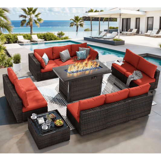 Grezone Outdoor Garden 12 Piece Patio Furniture with 43" 55000BTU Gas Propane Fire Pit Table Rattan Wicker Sectional Set, Red