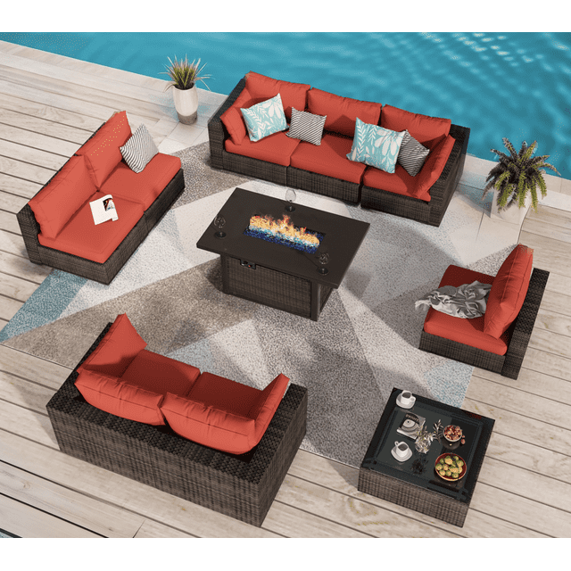 Grezone Outdoor Garden 10 Piece Patio Furniture with 43" 55000BTU Gas Propane Fire Pit Table Rattan Wicker Sectional Set, Red