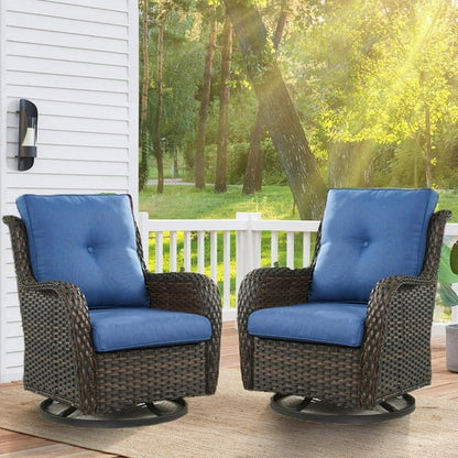 Gymojoy 2 Pieces Outdoor Wicker Swivel Rocker Patio Chair, Outdoor Swivel Gliders,Set of 2 with High Back, Deep Seat (Brown Wicker/Blue Cushion)