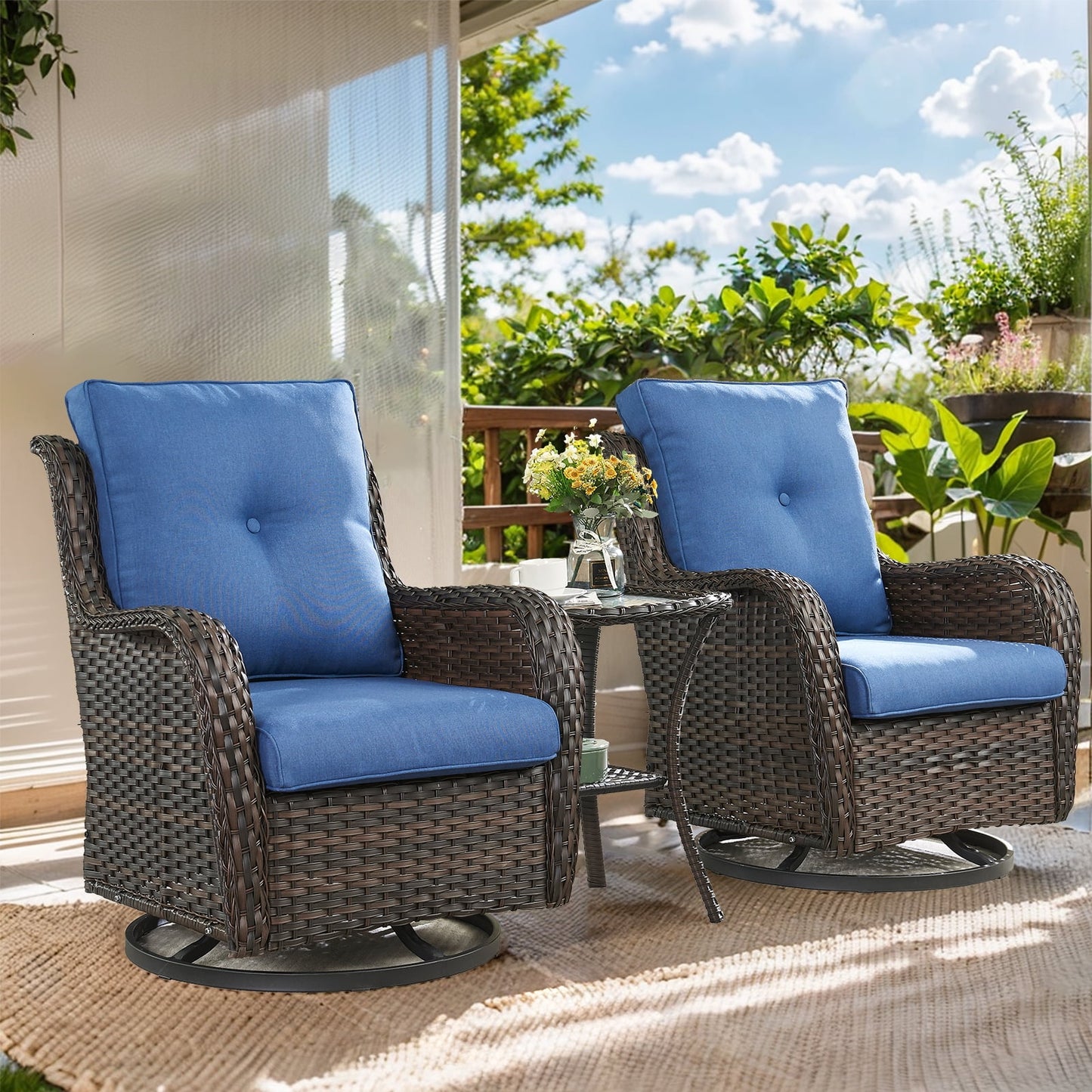 Gymojoy 3 Pieces Outdoor Wicker Swivel Rocker Patio Set,Patio Conversation Set, Swivel Rocking Chairs Set with Side Table( Brown Wicker/Navy Cushion)