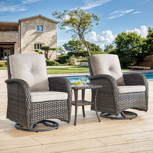 Gymojoy Patio Wicker Conversation Set, Outdoor Swivel Gliders Rocking Lounge Chair with Side Table, Beige