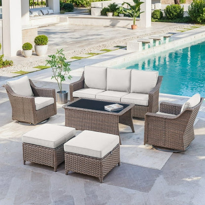 Gymojoy 6-Piece Patio Furniture Set, Oversized Outdoor Wicker Sofa with Swivel Chairs and Coffee Table, Sectional Rattan Outdoor Conversation Set for Poolside Backyard Deck, Beige