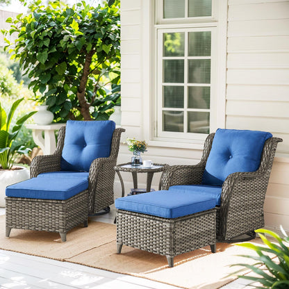 Gymojoy 5Pcs Outdoor Swivel Glider Wicker Patio Lounge Chair Conversation Set Patio Chairs Chat Set with Ottomans,Gray/Navy