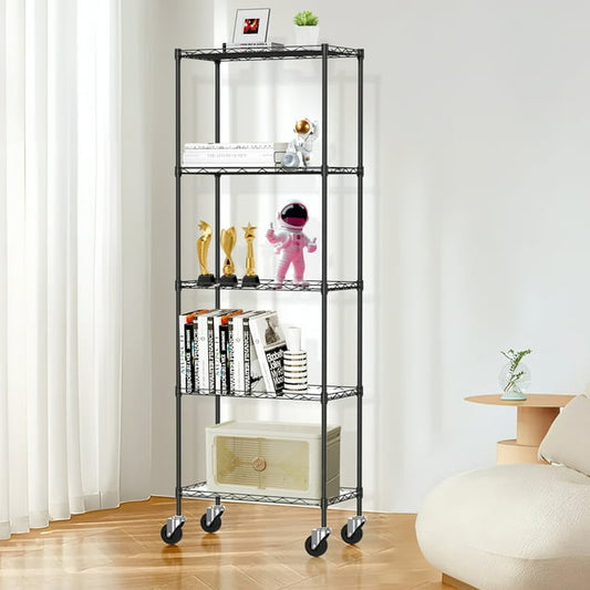 HIJOB 5 Tier NSF Steel Shelve with Wheels, 59"H Adjustable Heavy Duty Wire Storage Shelving Unit for Kitchen, Bathroom, Garage, Black