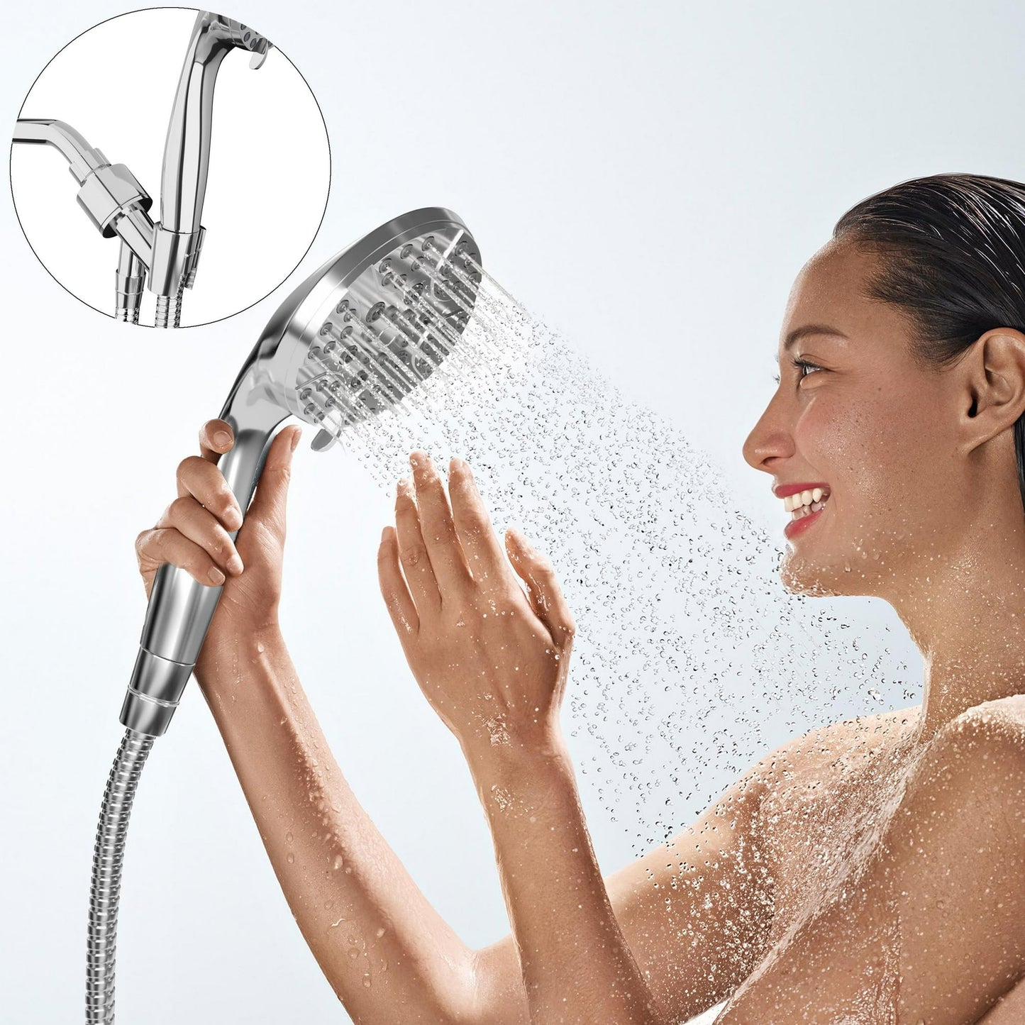 Handheld Shower Head, DTIG 8-Mode 4.5in High Pressure Shower Head with Handheld (5 ft Steel Long Hose/ Detachable Holder/ Anti-Clog Nozzle) Built-in 2-Mode Power Wash Spray (2.5 GPM, Chrome)