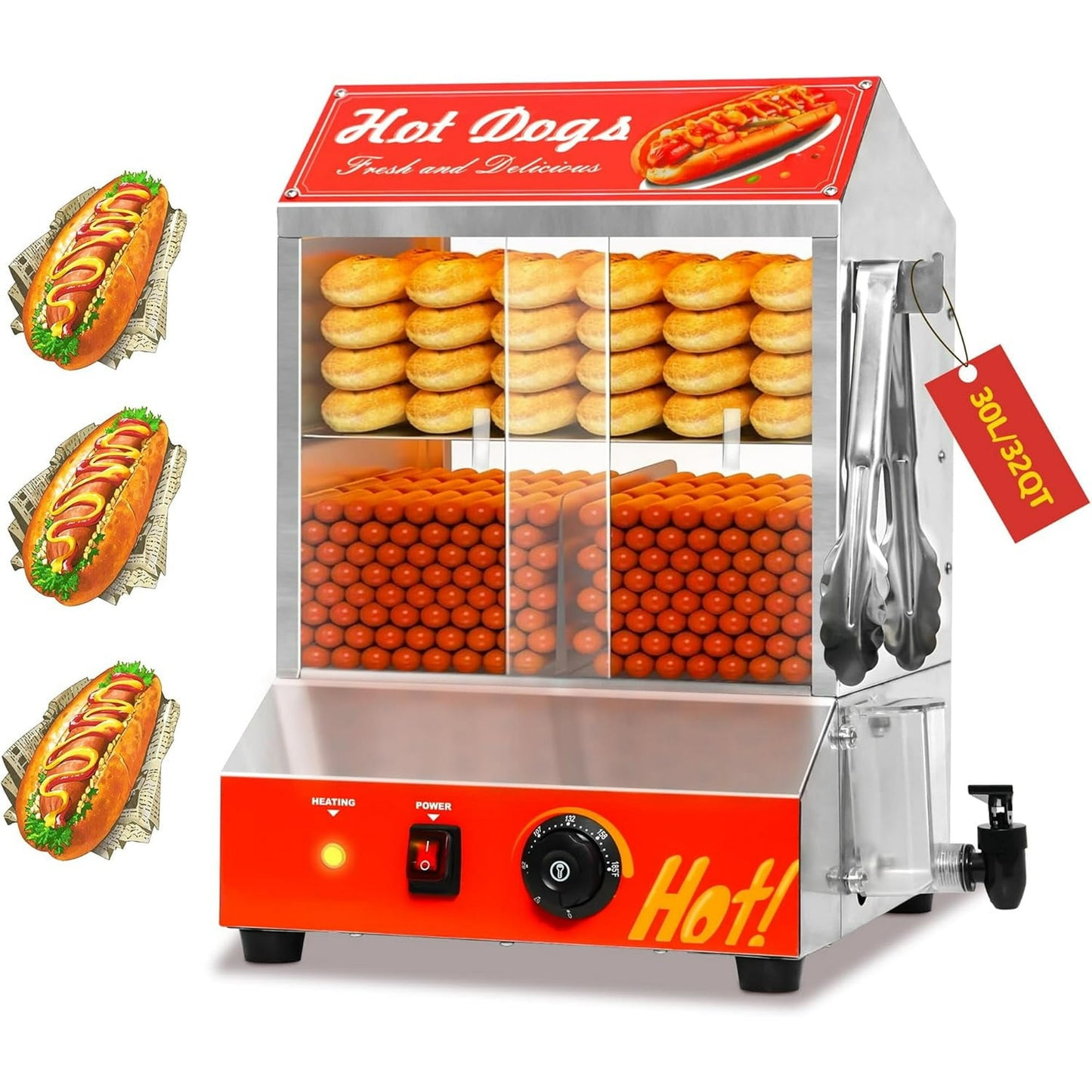 ICEELF 32QT Hot Dog Steamer, 1000W, 30 L, Holds 175 Hotdogs and 40 Buns, Commercial Hot Dog Steamer