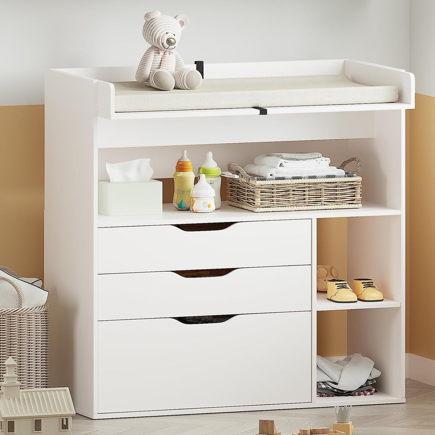 ICEELF Baby Changing Table Dresser with 3 Drawers and 3 Storage Shelves, Can be Used as a Baby Dresser with Changing Table Top, a Baby Changing Station, a Wood Diaper Changing Station (White)