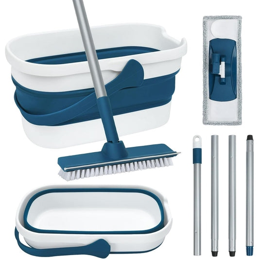 ILAVCLEAN Flat Mop and Bucket for Floor Cleaning, Foldable Bucket with Wheels, 5 Washable & Reusable Microfiber Pads