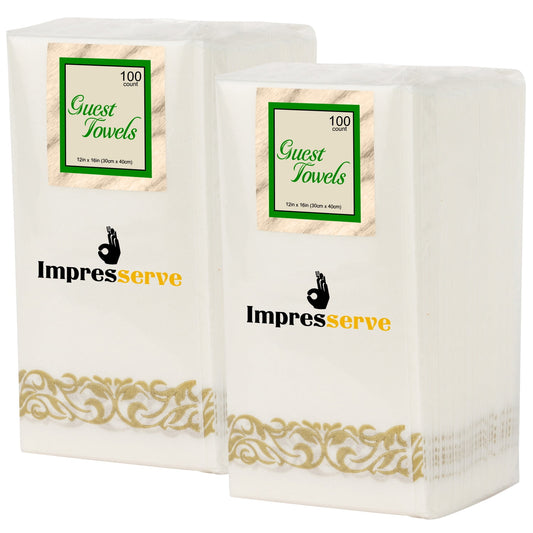 Impresserve Cloth-Like Dinner Napkins - White with Gold Lace, 100 Pack, 13" x 16" Soft and Durable Paper Guest Towels for Dinner, Weddings, and Parties