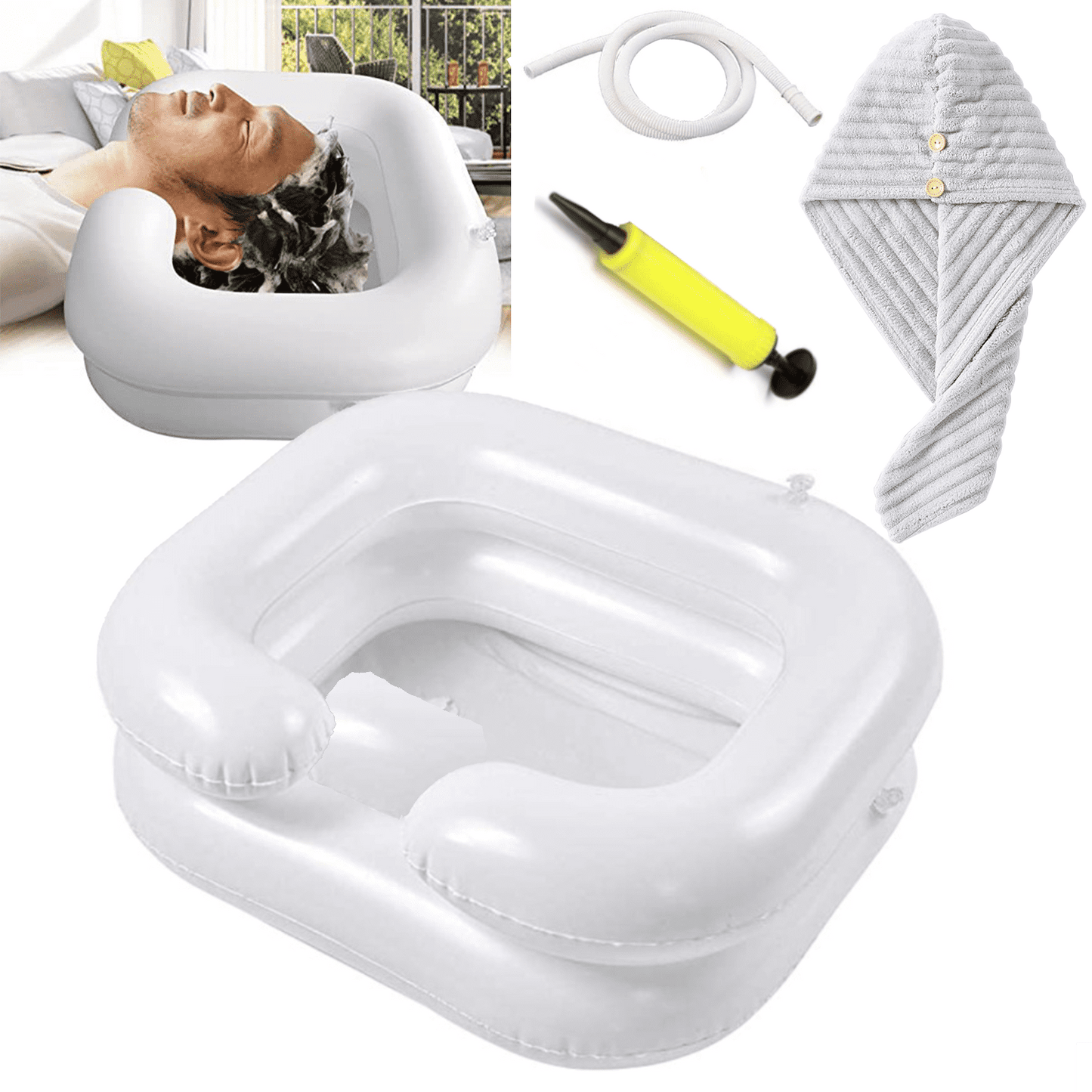 Inflatable Hair Wash Basin,Portable Shampoo Bowl with Hand Pump and Hair Towel Wrap,for Injured,Elderly,Bed-Bound,Handicapped