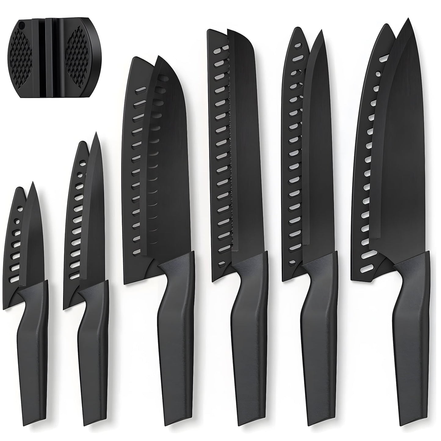 Knife Set, 13 Pcs Kitchen Knife Set with 6 Blade Guards, Stainless Steel Rustproof Blade, Nonstick Ceramic Coating, Dishwasher Safe, Black