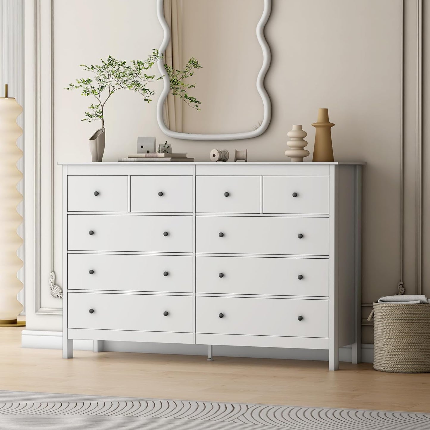 Linor 10 Drawer Dresser, 55" Modern White Dressers, Chest of Drawers, Wooden Wide Dresser for Bedroom, Living Room, White