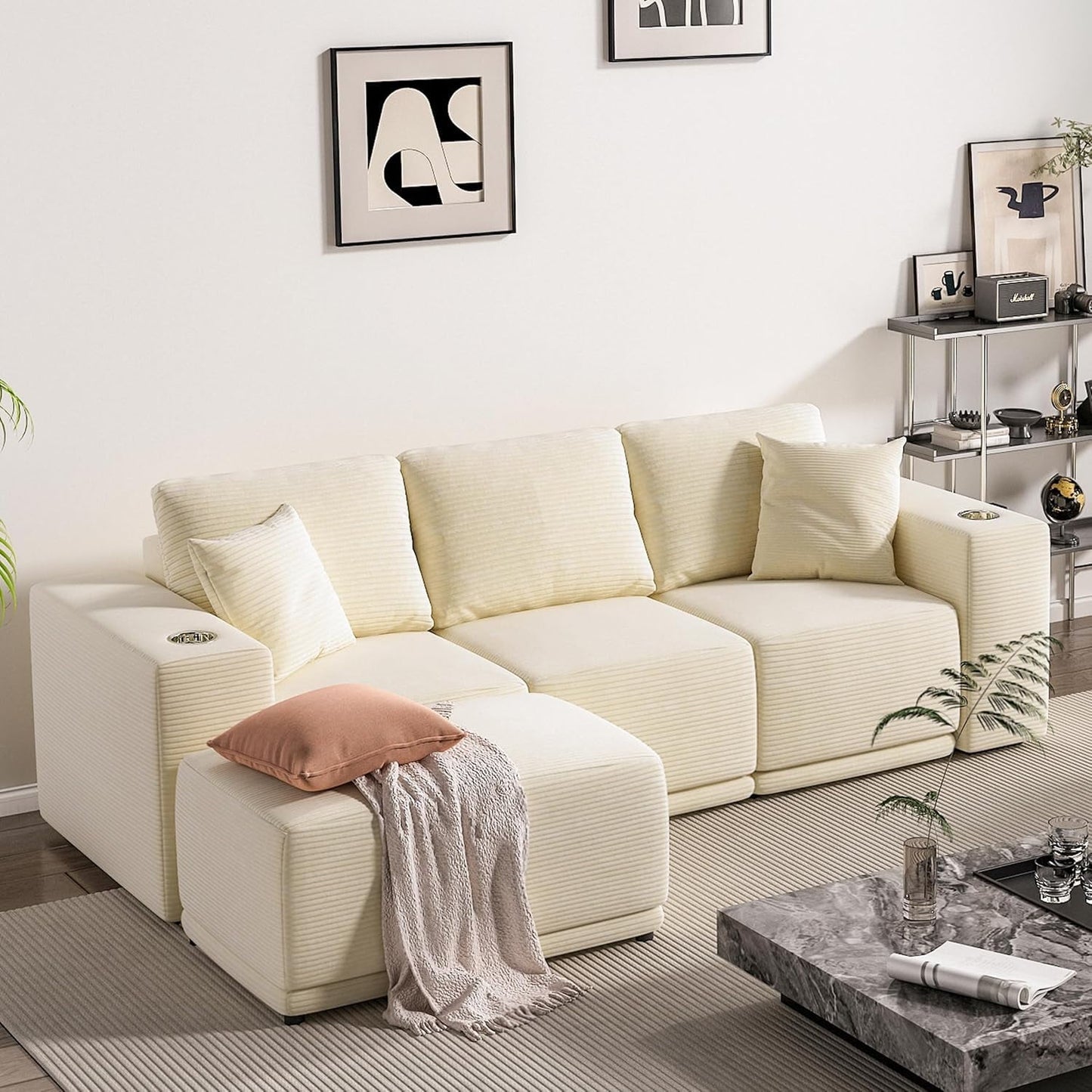 Linor 101" Modular Sectional Sofa, 3 Seats L Shaped Couch for Living Room, Modern Sectional Corduroy Sofa with Deep Seats, Living Room Furniture Set (White, 101.9" L-Shape)