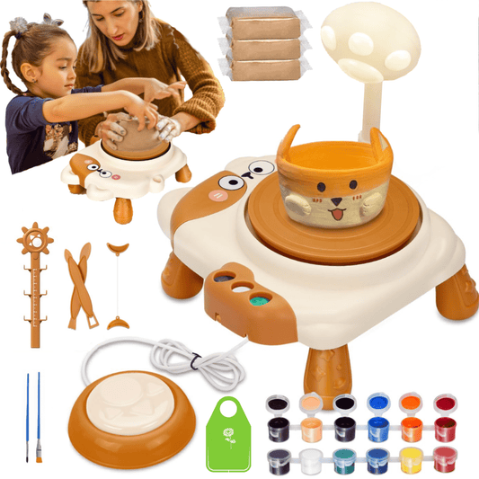 Tiny Pottery Wheel,Pottery Machine,Pottery Kit for Kids with 3 Clays,Cat Pottery Machine with Adjustable Speed,Air Dry Sculpting Clay and Craft Paint Toy Kit