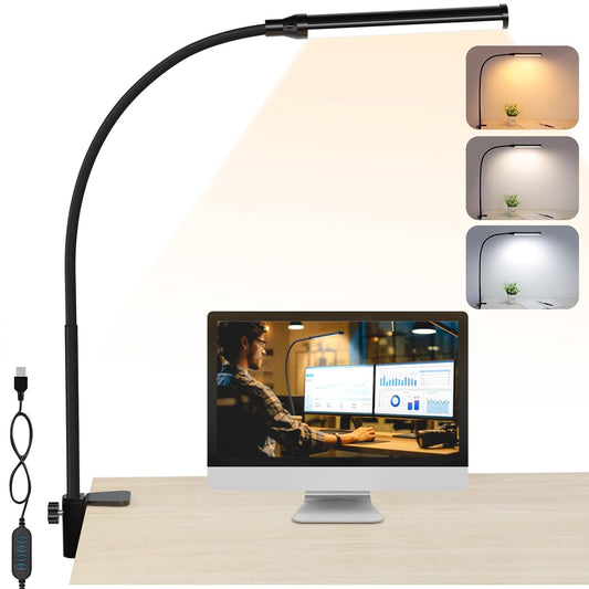 LOFTER-Pro LED Desk Lamps with Clamp, Architect Table Lights for Home Office, 3 Colors Stepless Dimming, Long Flexible Gooseneck Table Lamp with Touch Control and Remote Control, Black