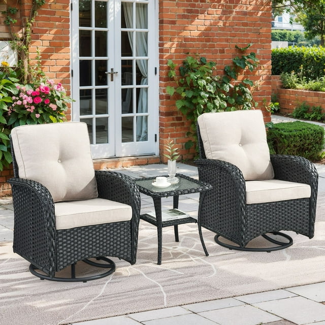 PARKWELL 3-Piece Outdoor Patio Swivel Glider Chairs Set,Wicker High Back Swivel Rocking Lounge Chairs with Side Table for Patio Deck Garden